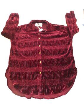 NWT Cupio Womens Burgundy Crushed Velvet Long Sleeve Button-Up Shirt S